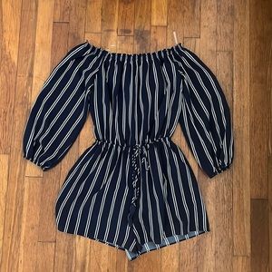 Navy Blue Striped Off The Shoulder Romper - Soprano